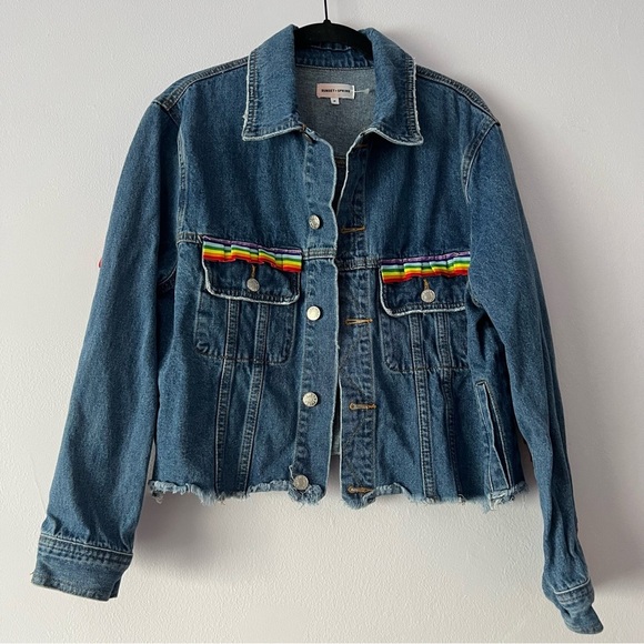 Sunset + Spring Rainbow Trim Denim Jacket Medium - Picture 2 of 11